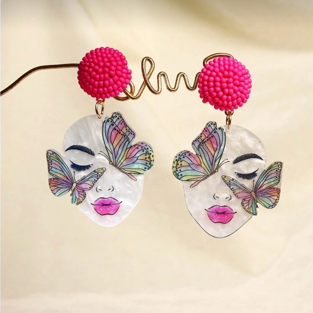 Pink and White Butterfly Face Earrings